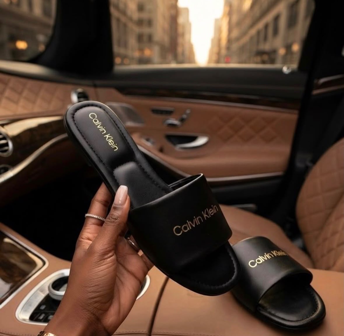 Calvin Klein Logo Leather Slides