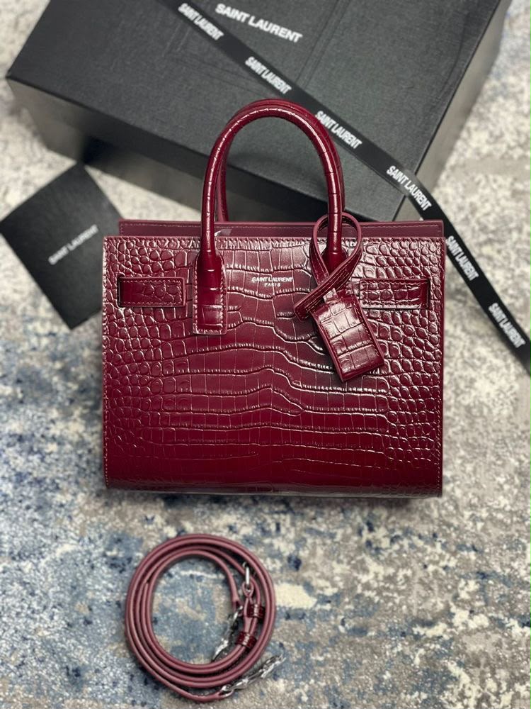 Saint Laurent Croc-Embossed Leather Top Handle Tote Bag