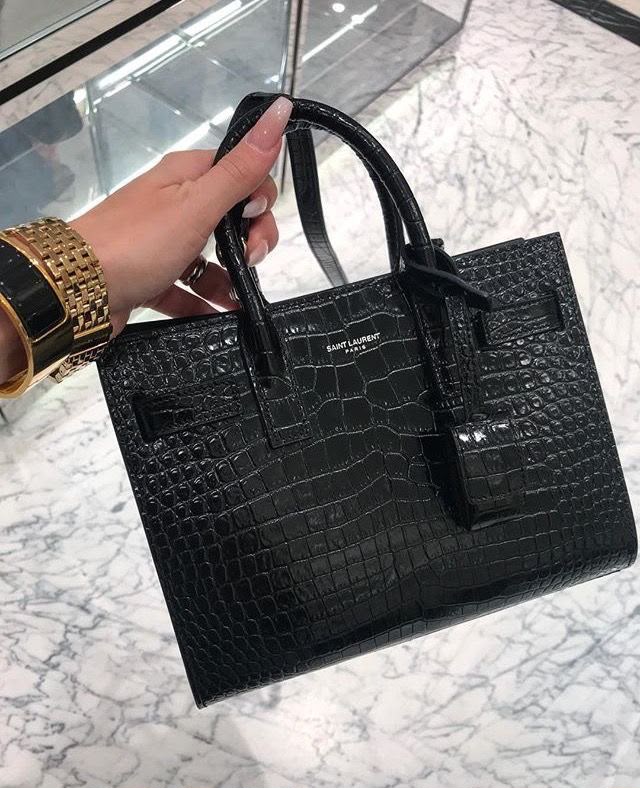 Saint Laurent Croc-Embossed Leather Top Handle Tote Bag