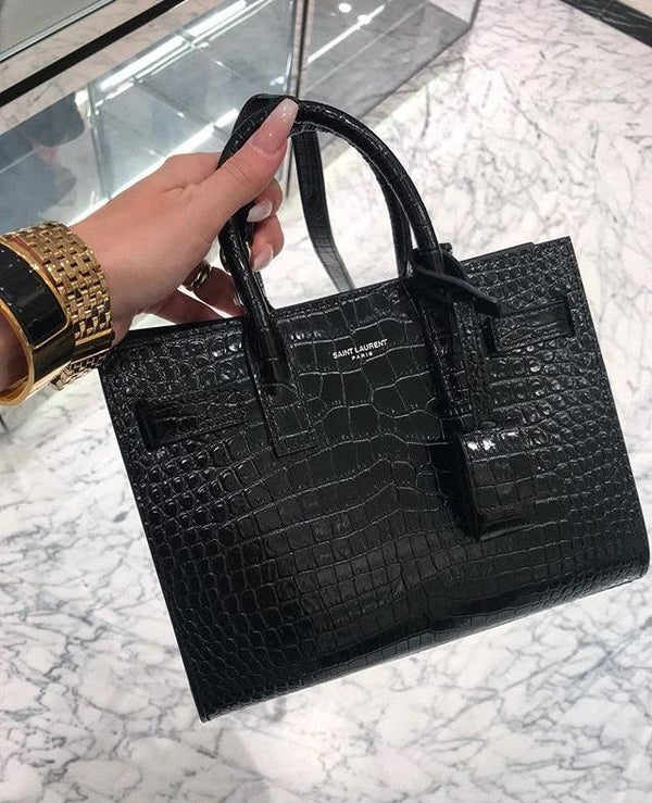 Saint Laurent Croc-Embossed Leather Top Handle Tote Bag