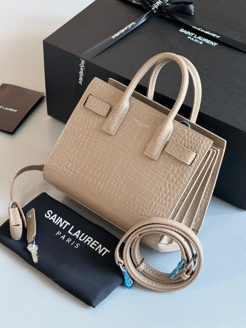 Saint Laurent Croc-Embossed Leather Top Handle Tote Bag